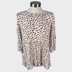 Staccato Womens Medium White Brown Animal Print Peplum Top Rayon
